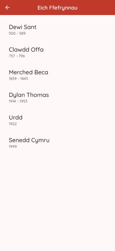 Sgrin chwilio a ffefrynnau Hanes Cymru ar gyfer cadw digwyddiadau hanes Cymru