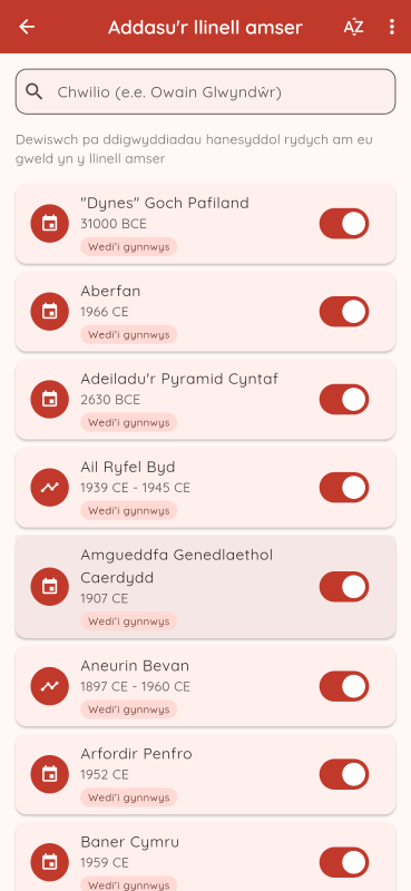 Sgrin addasu llinell amser Hanes Cymru i bersonoli digwyddiadau hanes Cymru