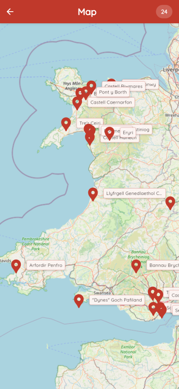 Map rhyngweithiol Hanes Cymru yn dangos lleoliadau digwyddiadau hanesyddol Cymru