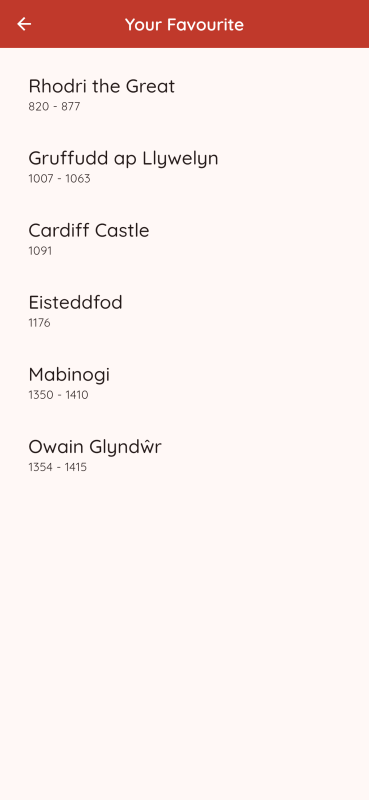 Hanes Cymru search and favourites screen for saving Welsh history events