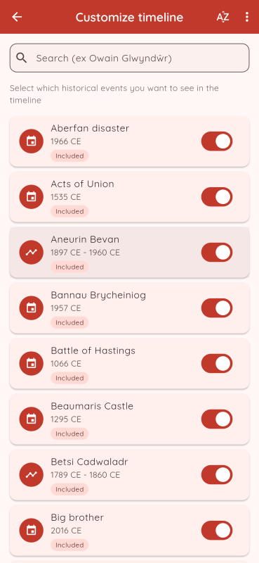 Hanes Cymru timeline customisation screen to personalise Welsh history events